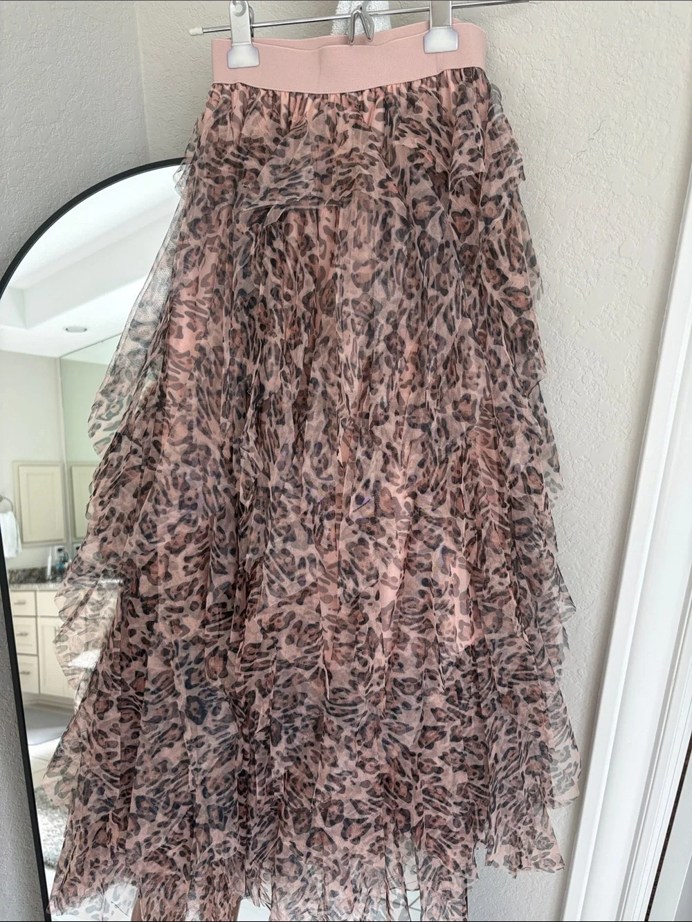 Pleated Ruffle Leopard-Print Maxi Skirt in Blush